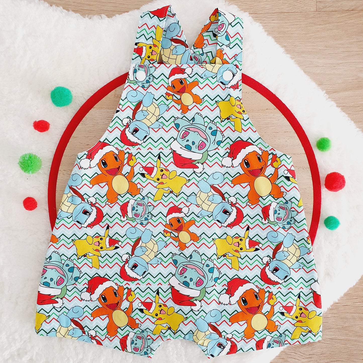 CHRISTMAS POKEMON Overalls, Baby Overalls, Short Leg Romper, Size 1
