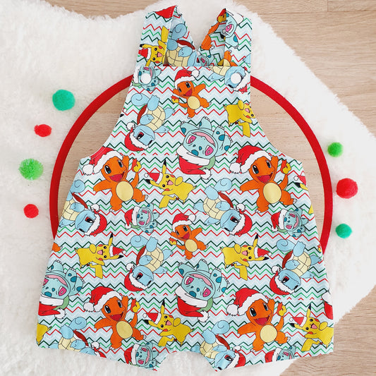 CHRISTMAS POKEMON Overalls, Baby Overalls, Short Leg Romper, Size 1