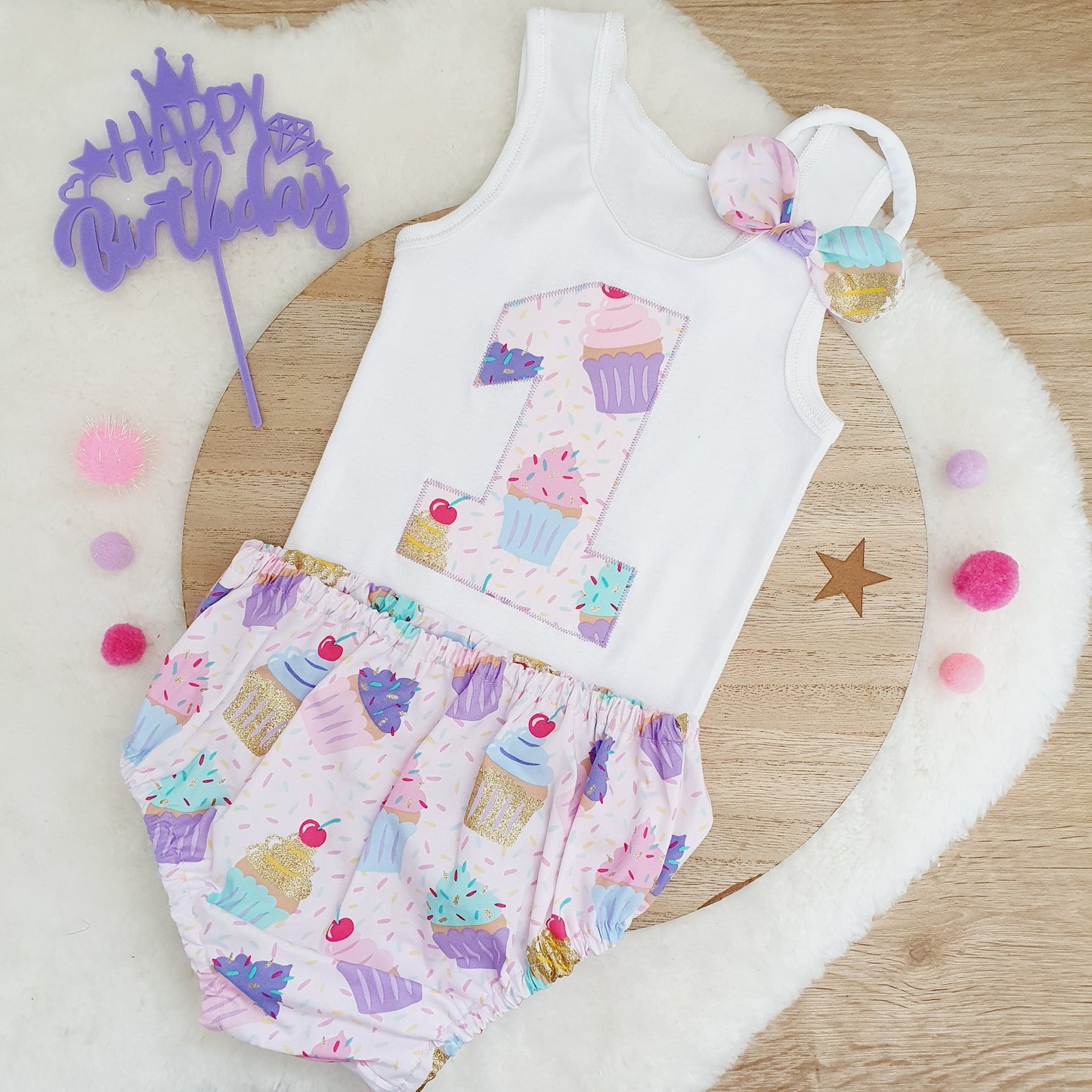 CUPCAKES Girls 1st Birthday / Cake Smash Outfit, Size 1