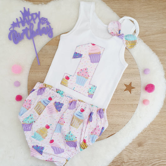 CUPCAKES Girls 1st Birthday / Cake Smash Outfit, Size 1