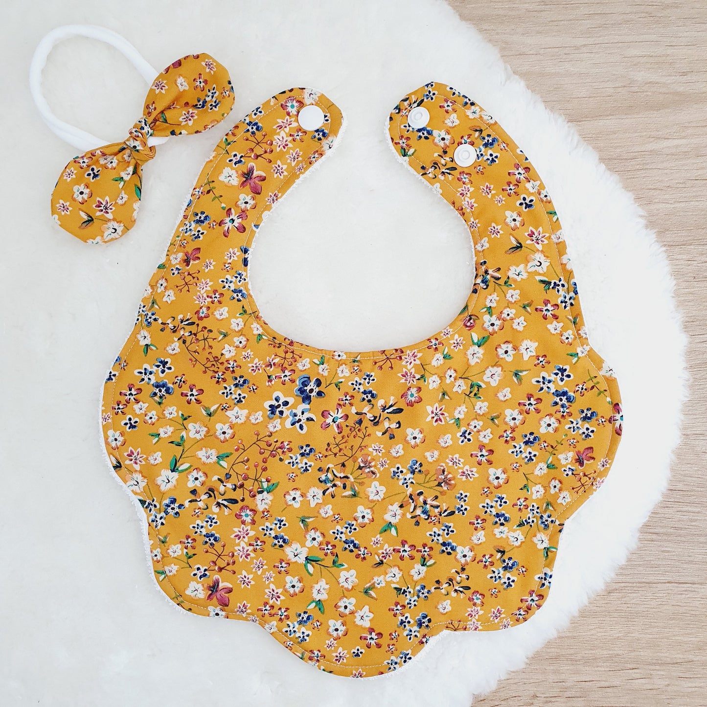 Mustard Floral Handmade Scalloped Baby Bib and Headband Set