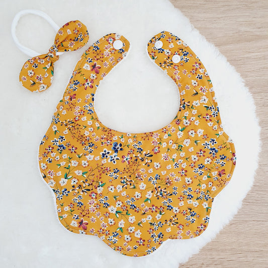 Mustard Floral Handmade Scalloped Baby Bib and Headband Set