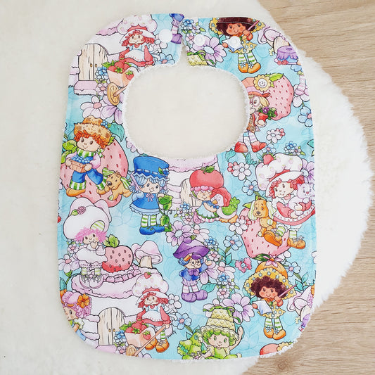Strawberry Shortcake print Bib, Handmade Baby Bib, Large Feeding Bib