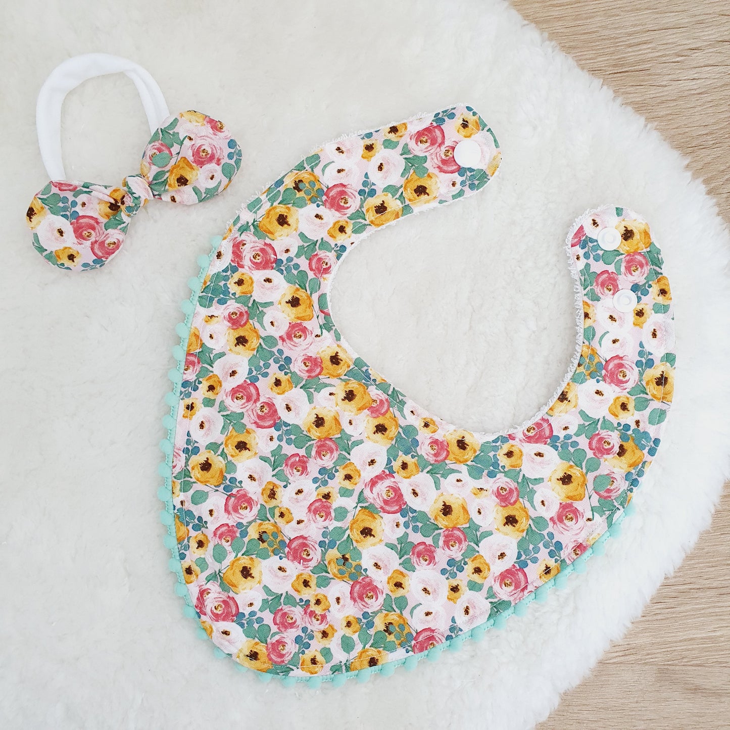 Pom Pom Trim Bandana Dribble Bib and Headband Bow, Handmade Baby Bib, Cotton / Bamboo, Ultra Absorbent