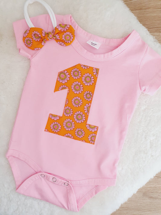 Girls 1st Birthday Short Sleeve Bodysuit &  Headband Set, Size 0