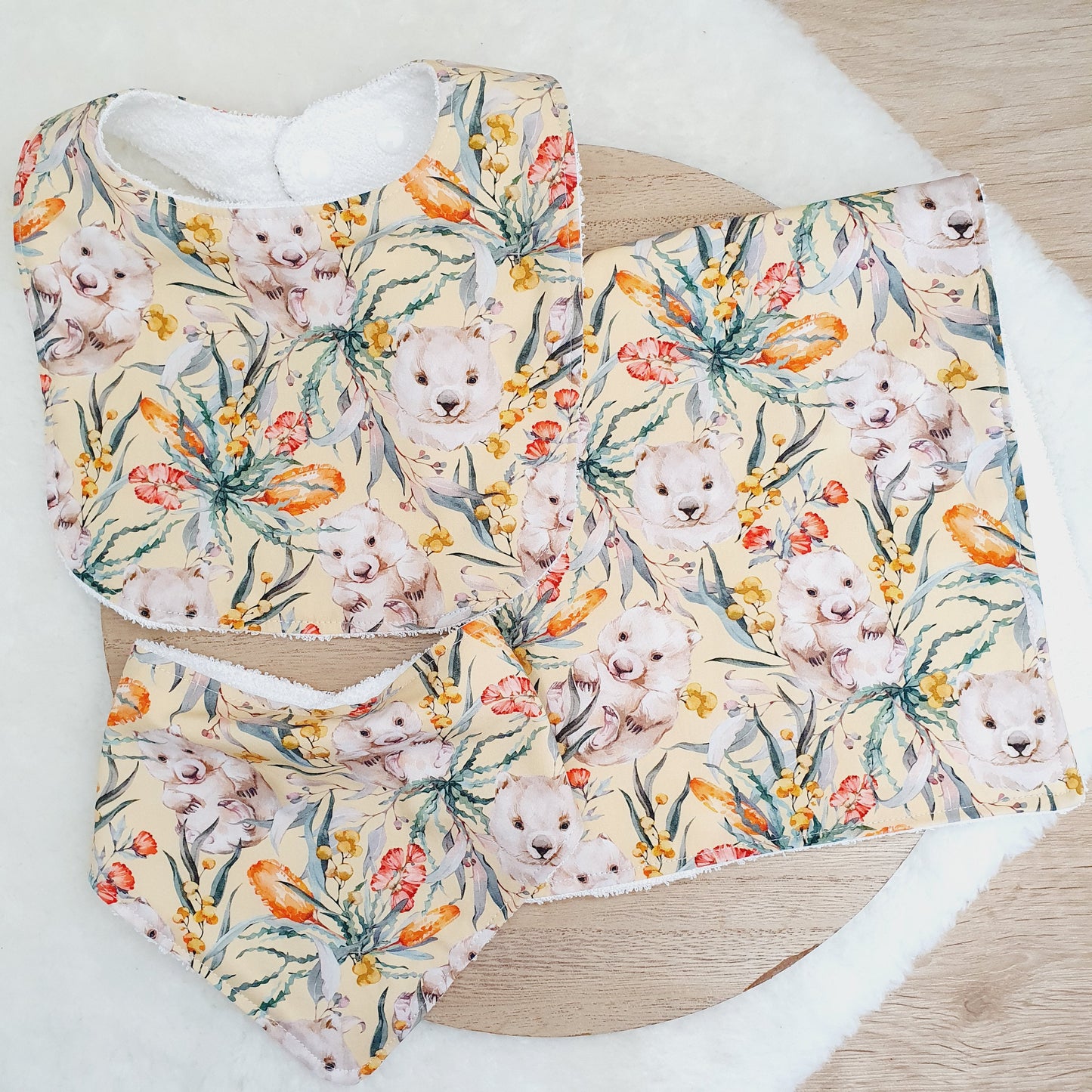 WOMBAT Baby Bibs and Burp Cloth Gift Set, Baby Shower Gift, Newborn Gift, Australian Baby Gift
