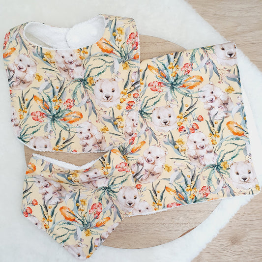 WOMBAT Baby Bibs and Burp Cloth Gift Set, Baby Shower Gift, Newborn Gift, Australian Baby Gift