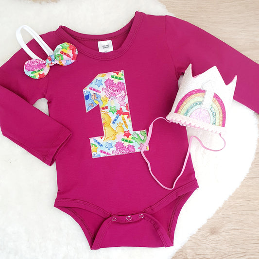*SALE* Girls 1st Birthday Long Sleeve Bodysuit, Crown & Headband Set, Size 1, Sesame Street print