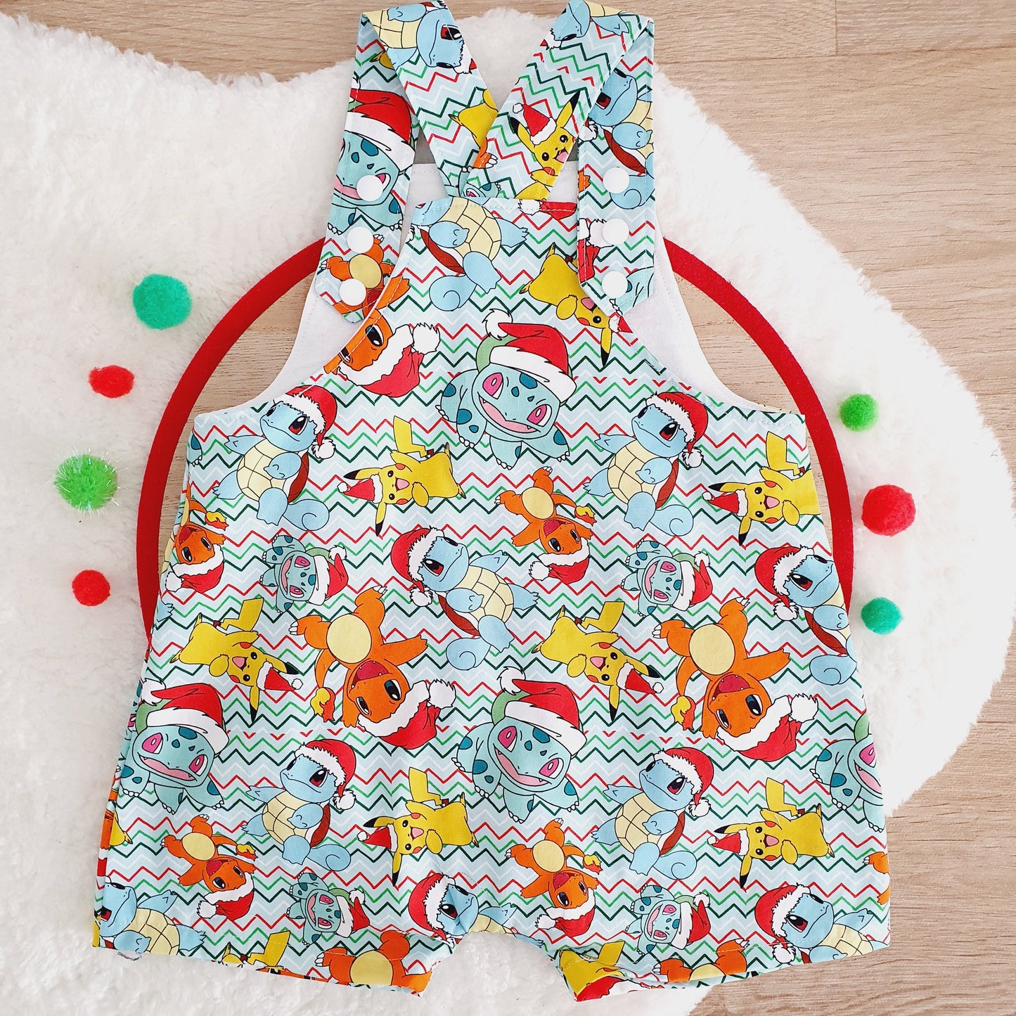 CHRISTMAS POKEMON Overalls, Baby / Toddler Overalls, Short Leg Romper, Size 2