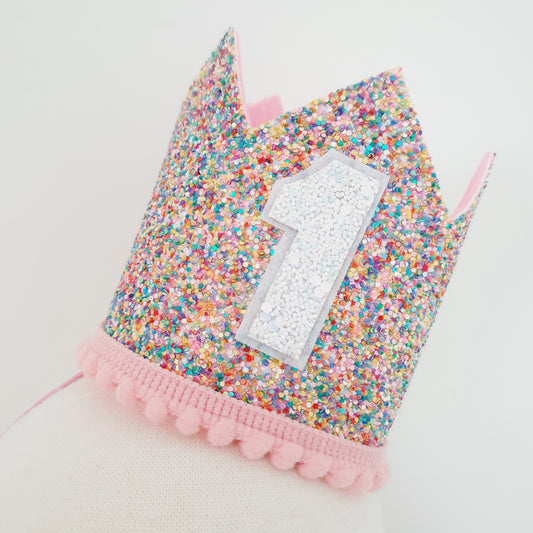 1st Birthday Crown / Party Hat / Headband - RAINBOW GLITTER
