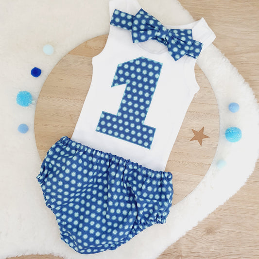 *SALE* BLUE DOTS Boys First Birthday Outfit, Size 0