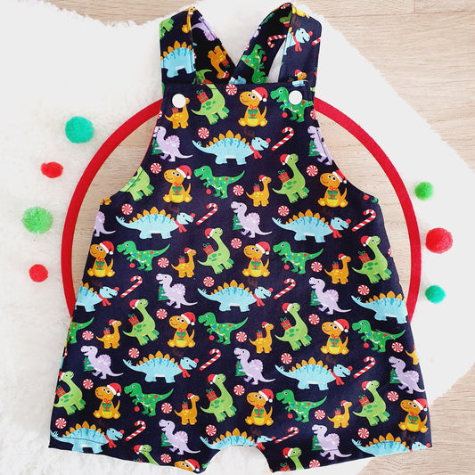 CHRISTMAS DINOSAURS Overalls, Baby Overalls, Short Leg Romper, Size 1