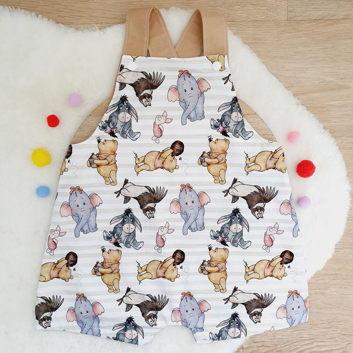 POOH print Overalls, Baby / Toddler Overalls, Short Leg Romper, Size 2