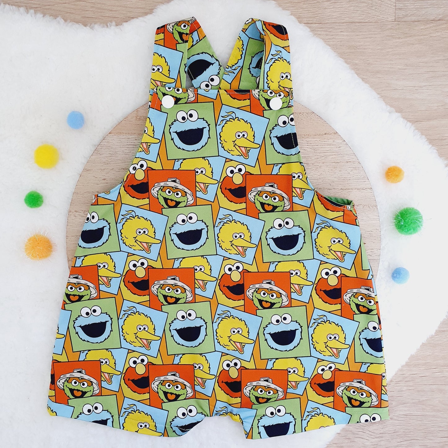 SESAME STREET print Overalls, Baby Overalls, Short Leg Romper, Size 1