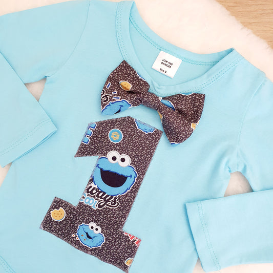 Boys 1st Birthday Long Sleeve Bodysuit, Size 0, Cookie Monster print