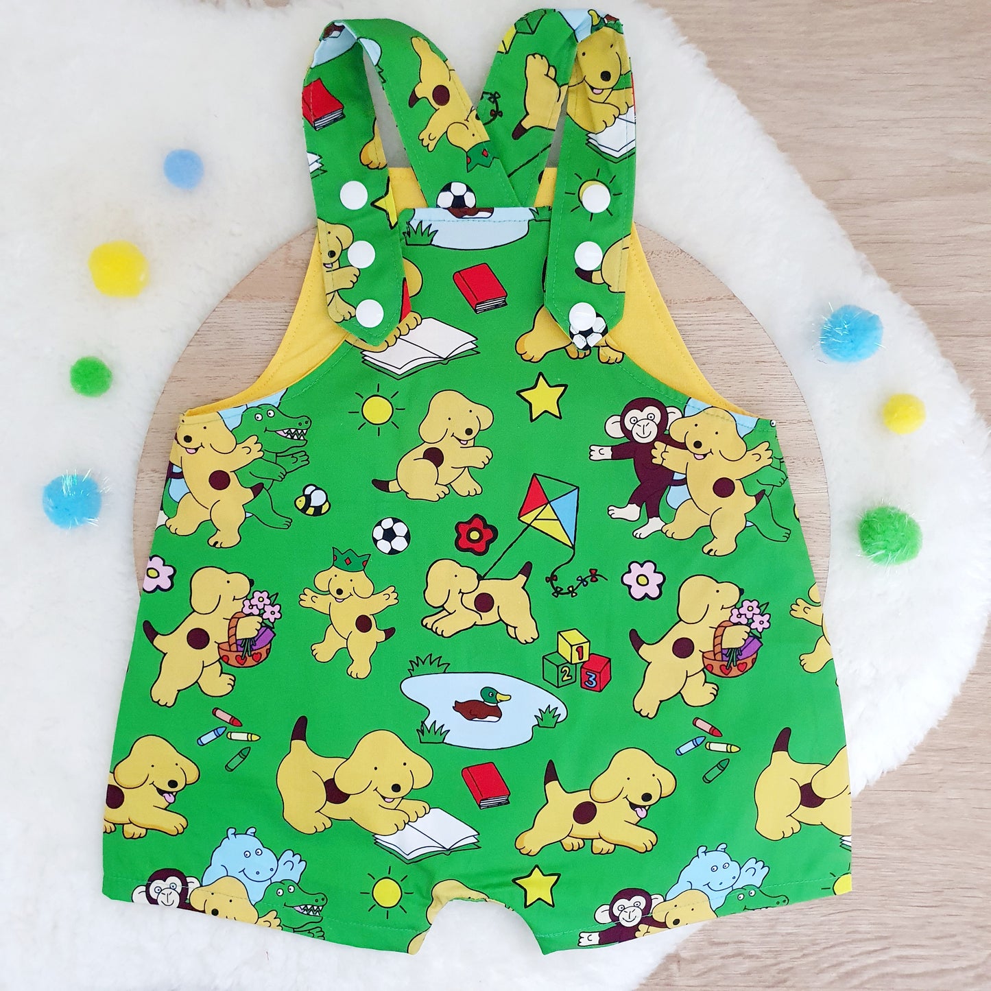 SPOT ON GREEN print Overalls, Baby Overalls, Short Leg Romper, Size 1