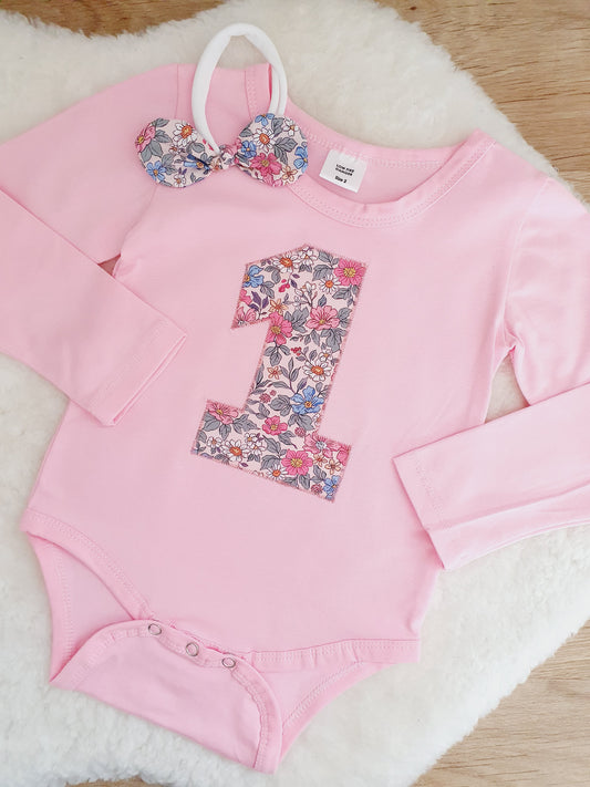 Girls 1st Birthday Long Sleeve Bodysuit & Headband Set, Size 2 - Ditsy Floral