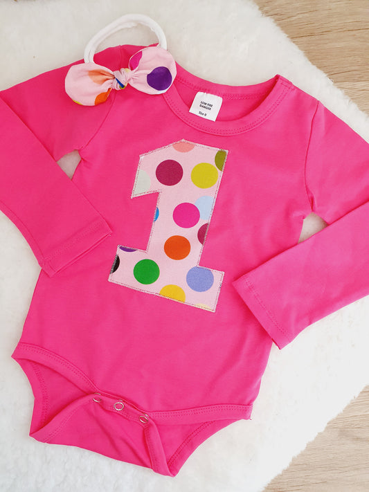 Girls 1st Birthday Long Sleeve Bodysuit & Headband Set, Size 0