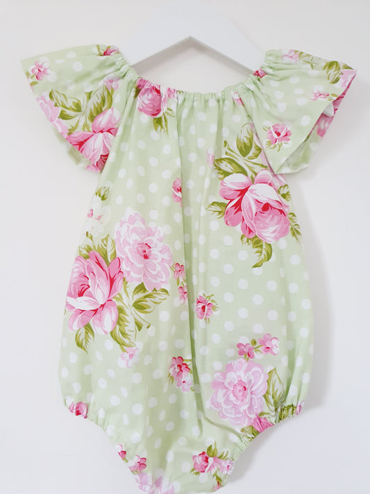 ROSES ON GREEN print Baby Girl Playsuit, Size 1