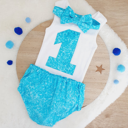 Aqua Speckle, Blue Boys 1st Birthday Outfit, Size 0