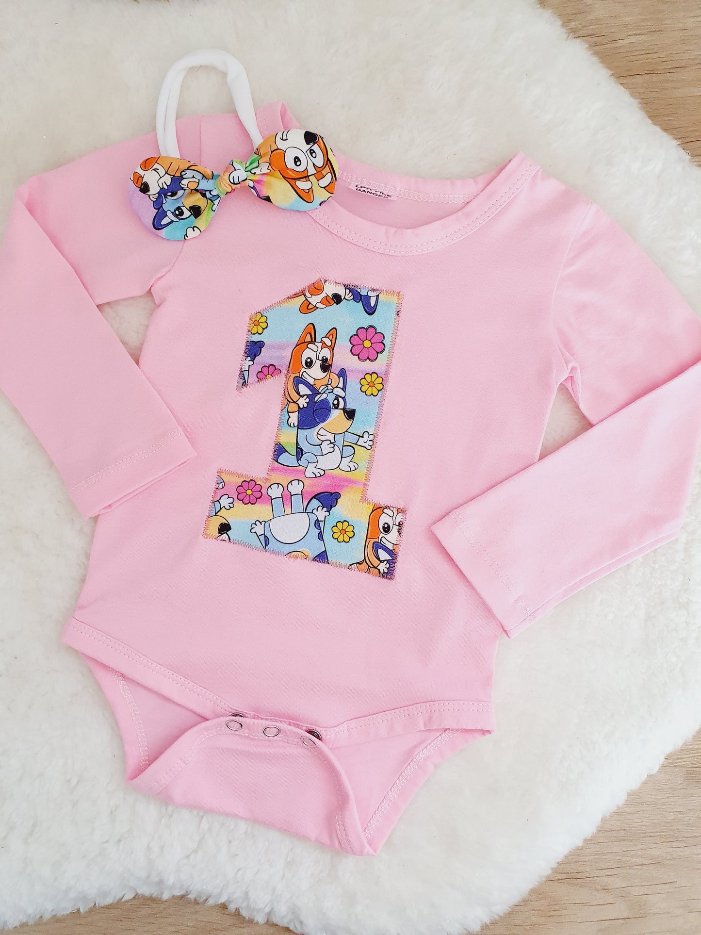 Girls 1st Birthday Long Sleeve Bodysuit &  Headband Set, Size 0 - Dogs