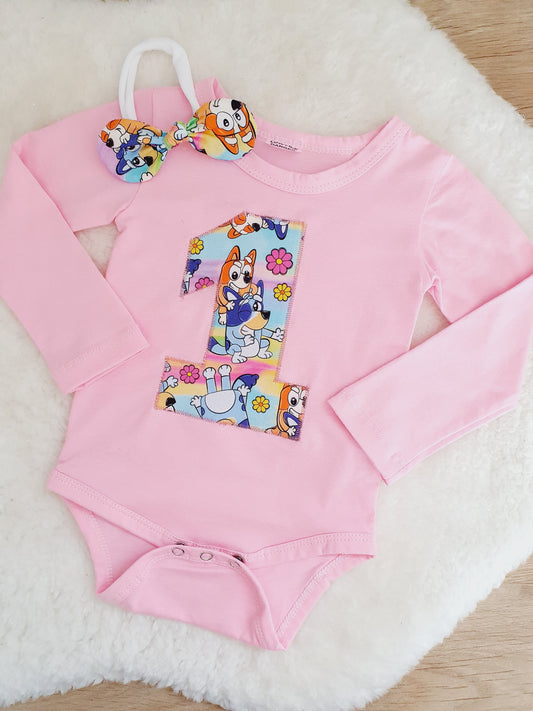Girls 1st Birthday Long Sleeve Bodysuit &  Headband Set, Size 0 - Dogs