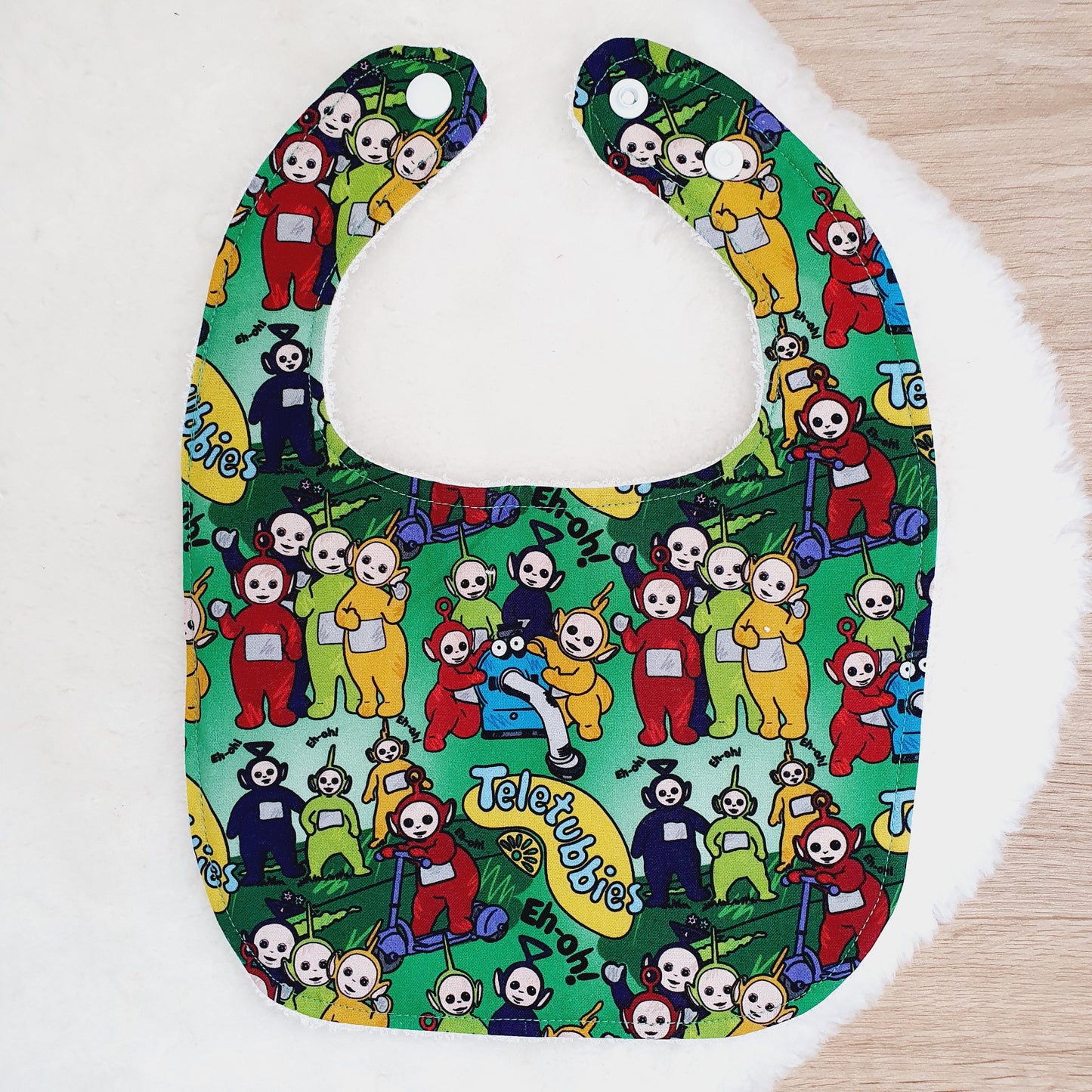 Tubbies print Bib, Handmade Baby Bib, Feeding Bib