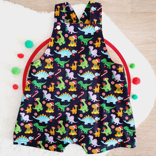 CHRISTMAS DINOSAURS Overalls, Baby / Toddler Overalls, Short Leg Romper, Size 2