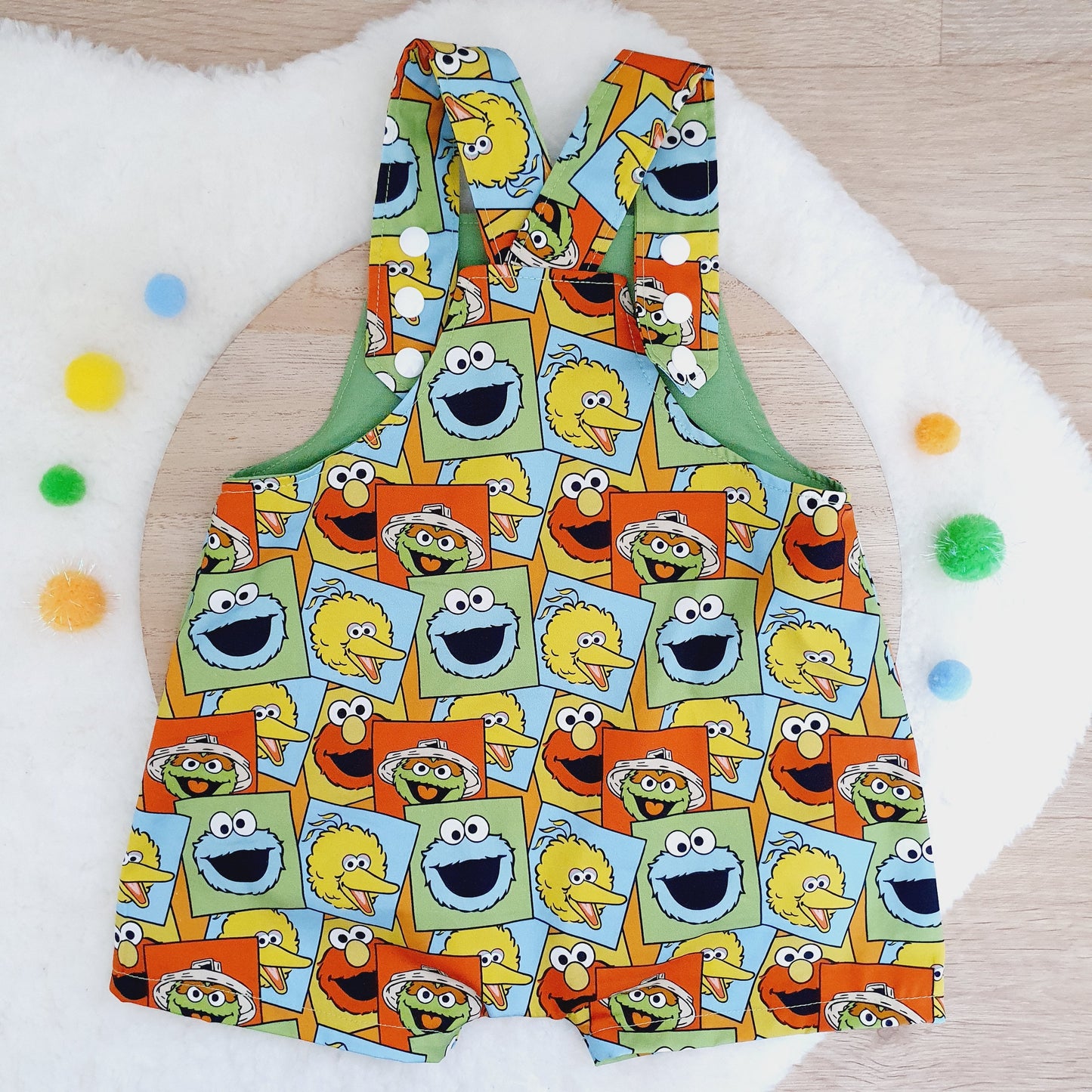 SESAME STREET print Overalls, Baby Overalls, Short Leg Romper, Size 1