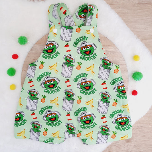 GROUCH print Overalls, Baby Overalls, Short Leg Romper, Size 1