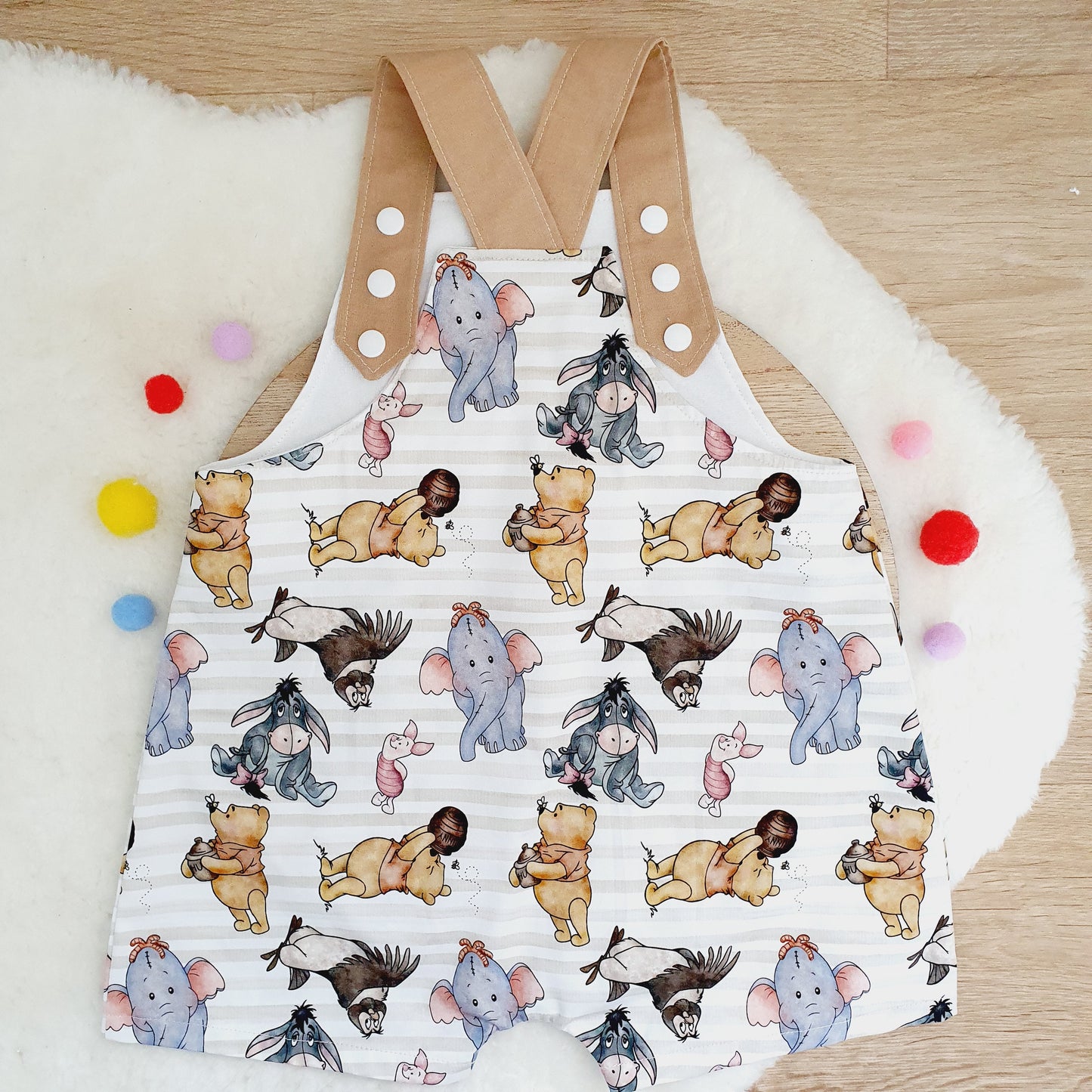 POOH print Overalls, Baby / Toddler Overalls, Short Leg Romper, Size 2