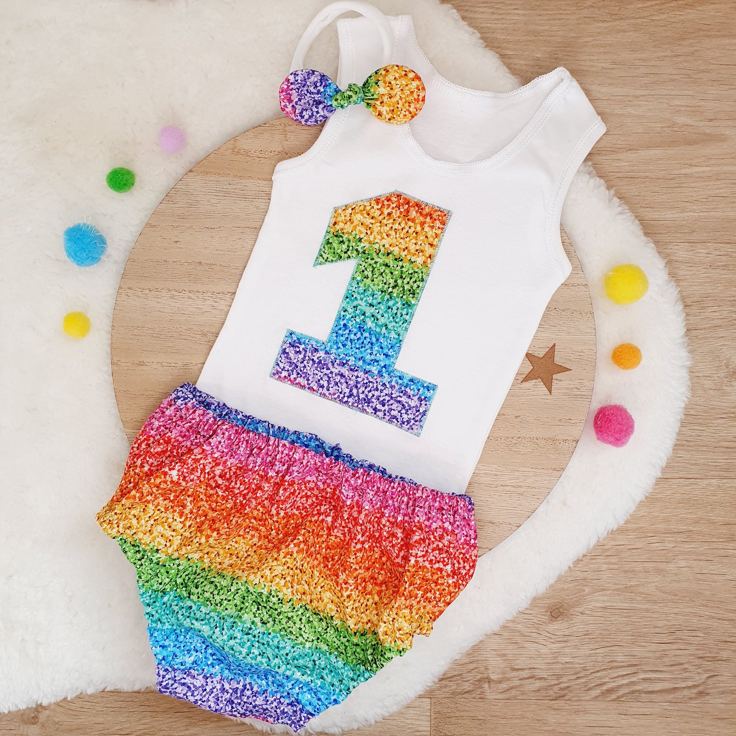 RAINBOW SPARKLE Girls 1st Birthday - Cake Smash Outfit, Size 1