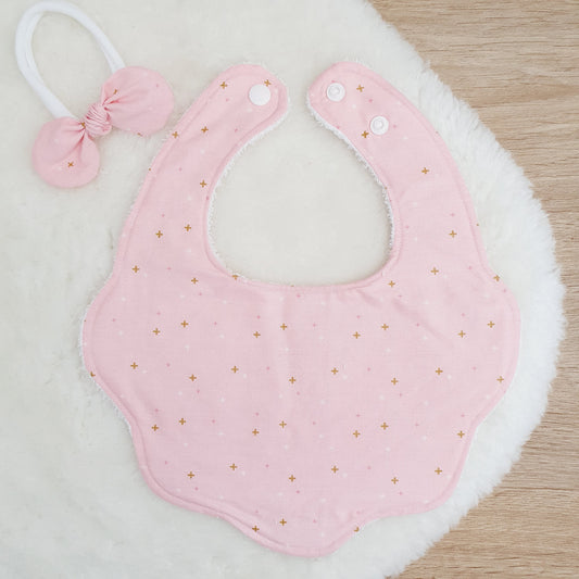 Baby Pink Sparkler Handmade Scalloped Baby Bib and Headband Set