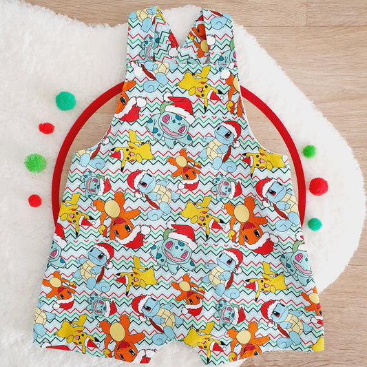 CHRISTMAS POKEMON Overalls, Baby / Toddler Overalls, Short Leg Romper, Size 2