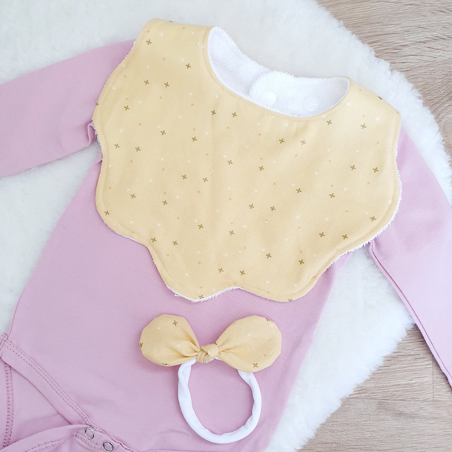 Yellow Sparkler Handmade Scalloped Baby Bib and Headband Set