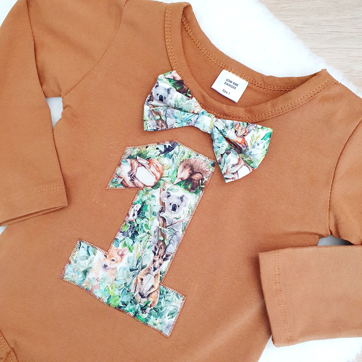 Boys 1st Birthday Long Sleeve Bodysuit, Size 1, Australian Animals