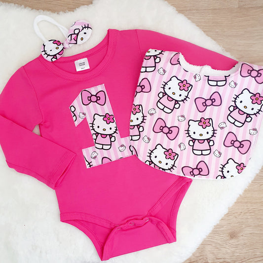 *SALE* Girls 1st Birthday Long Sleeve Bodysuit, Bib & Headband Set, Size 1, Kitty print