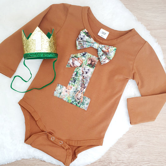 *SALE* Boys 1st Birthday Long Sleeve Bodysuit and Crown Set, Size 1, Australian Animals
