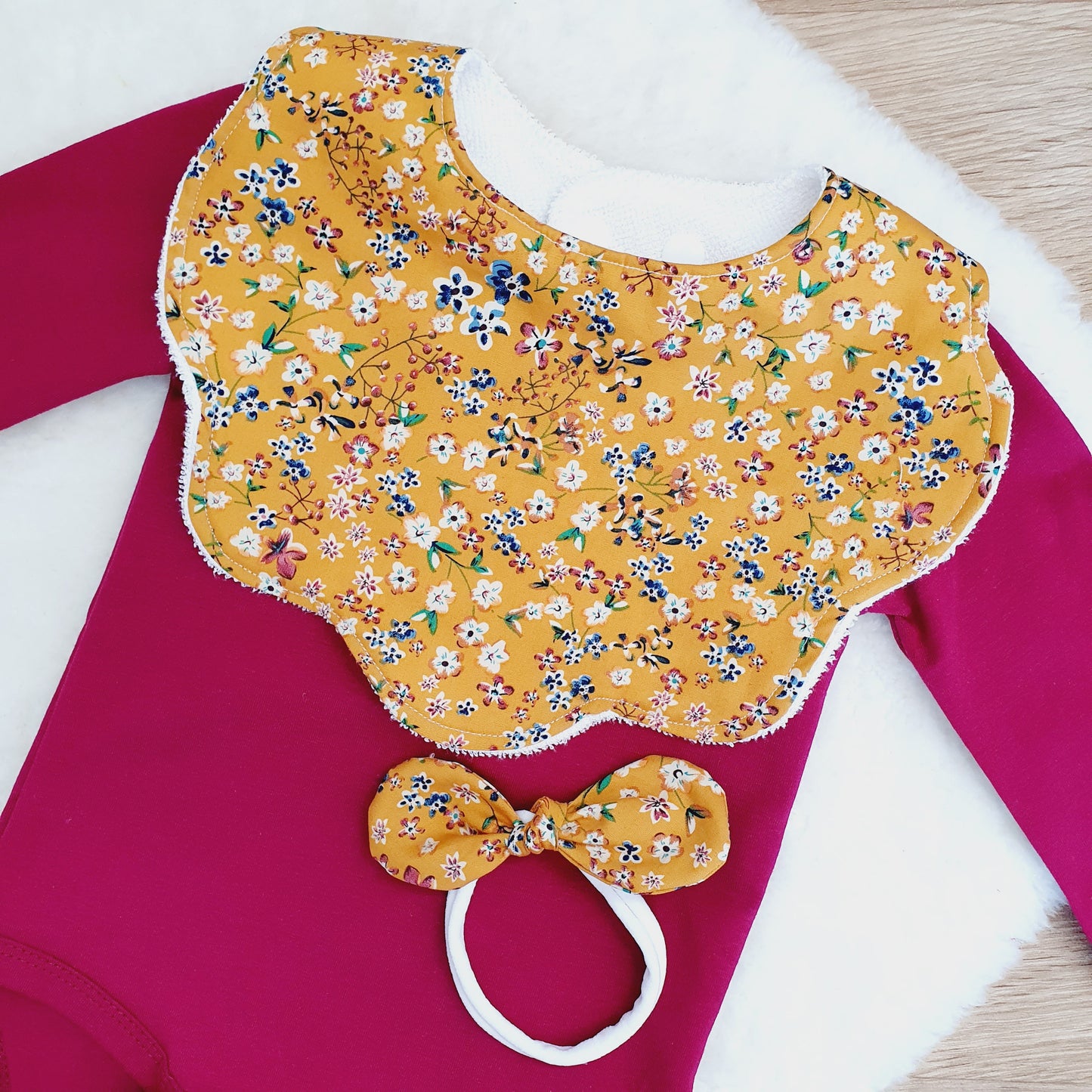 Mustard Floral Handmade Scalloped Baby Bib and Headband Set