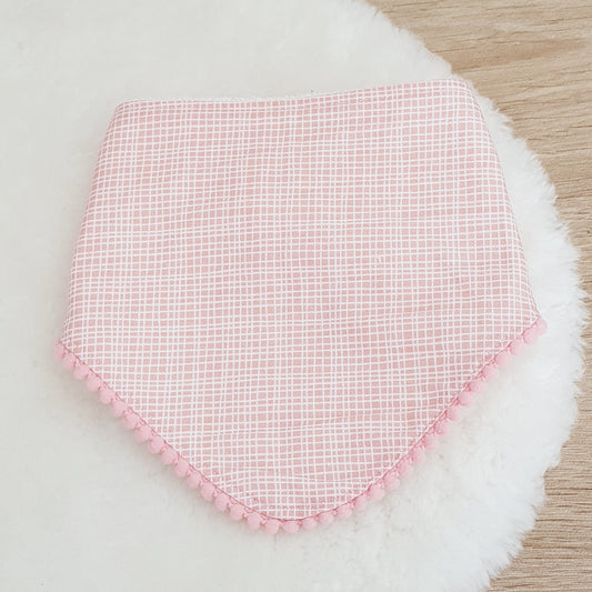 PEACHY PINK print Bandana Dribble Bib with Pom Pom Trim - Bamboo Backed Ultra Absorbent Bib