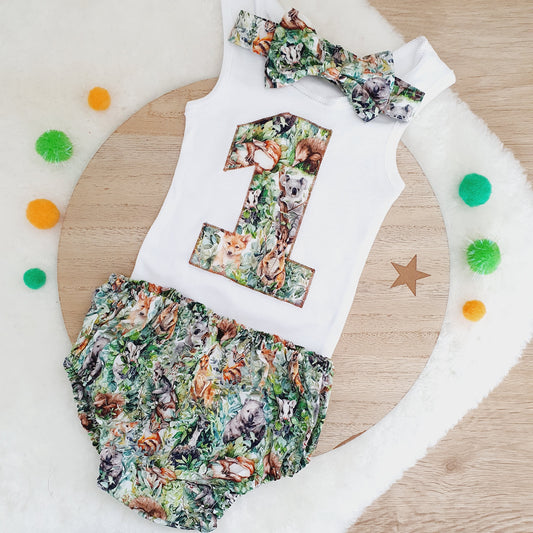 AUSTRALIAN ANIMALS print Boys 1st Birthday Outfit, Size 0