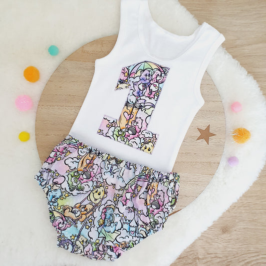 CARE BEARS print Girls Cake Smash / 1st Birthday Outfit, Girls First Birthday, Size 0