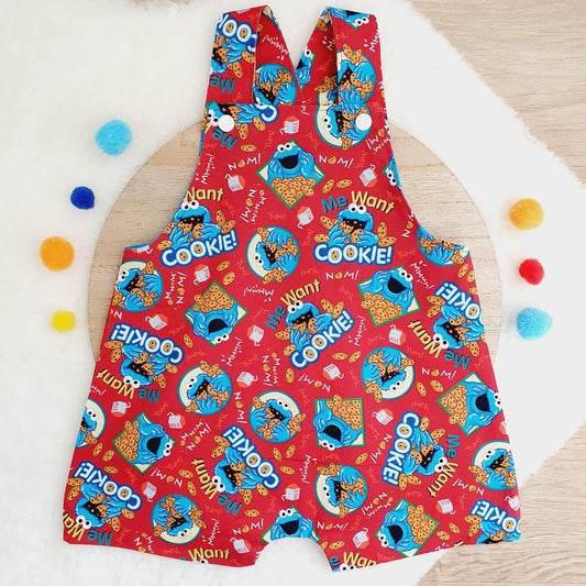 COOKIE MONSTER print Overalls, Baby Overalls, Short Leg Romper, Size 1