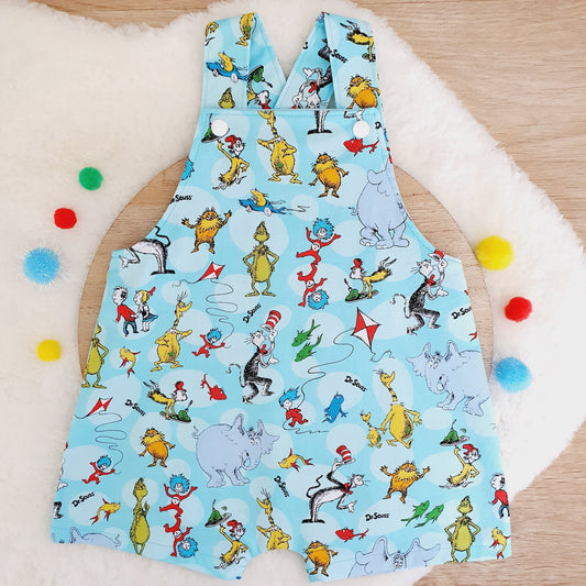 SEUSS print Overalls, Baby Overalls, Short Leg Romper, Size 1
