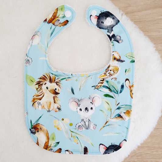 AUSSIE ANIMALS print Bib, Handmade Baby Bib, Feeding Bib