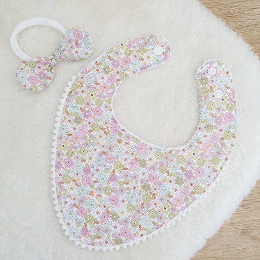 Pom Pom Trim Bandana Dribble Bib and Headband Bow, Handmade Baby Bib, Cotton / Bamboo, Ultra Absorbent