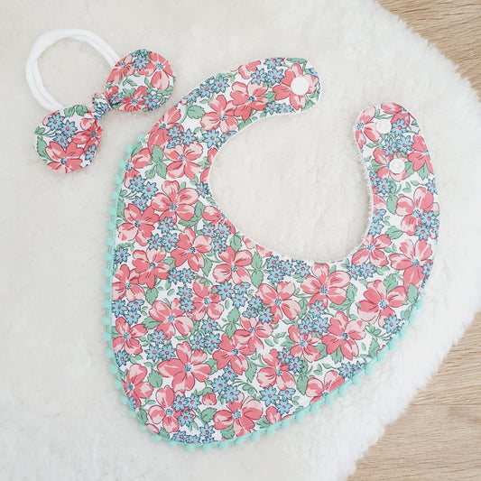 Pom Pom Trim Bandana Dribble Bib and Headband Bow, Handmade Baby Bib, Cotton / Bamboo, Ultra Absorbent