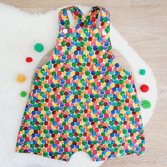 CATERPILLAR SPOTS print Overalls, Baby / Toddler Overalls, Short Leg Romper, Size 2