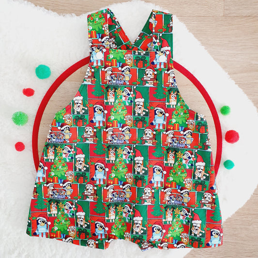 CHRISTMAS DOGS Overalls, Baby Overalls, Short Leg Romper, Size 1
