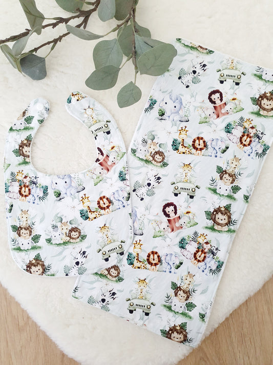 SAFARI Baby Bib and Burp Cloth Gift Set, Baby Shower Gift, Newborn Gift, Baby Gift